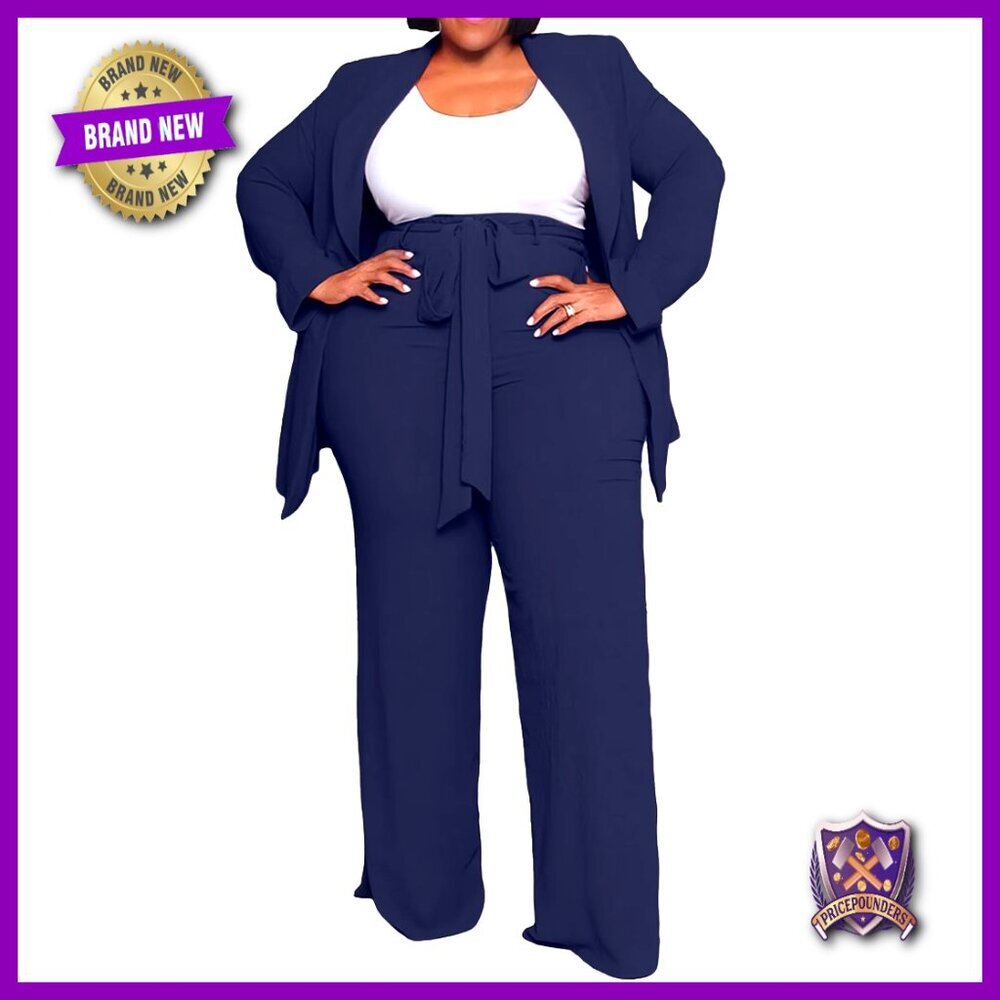 Plus Size Business Suit Set Stretch Blazer Straight Leg Pants